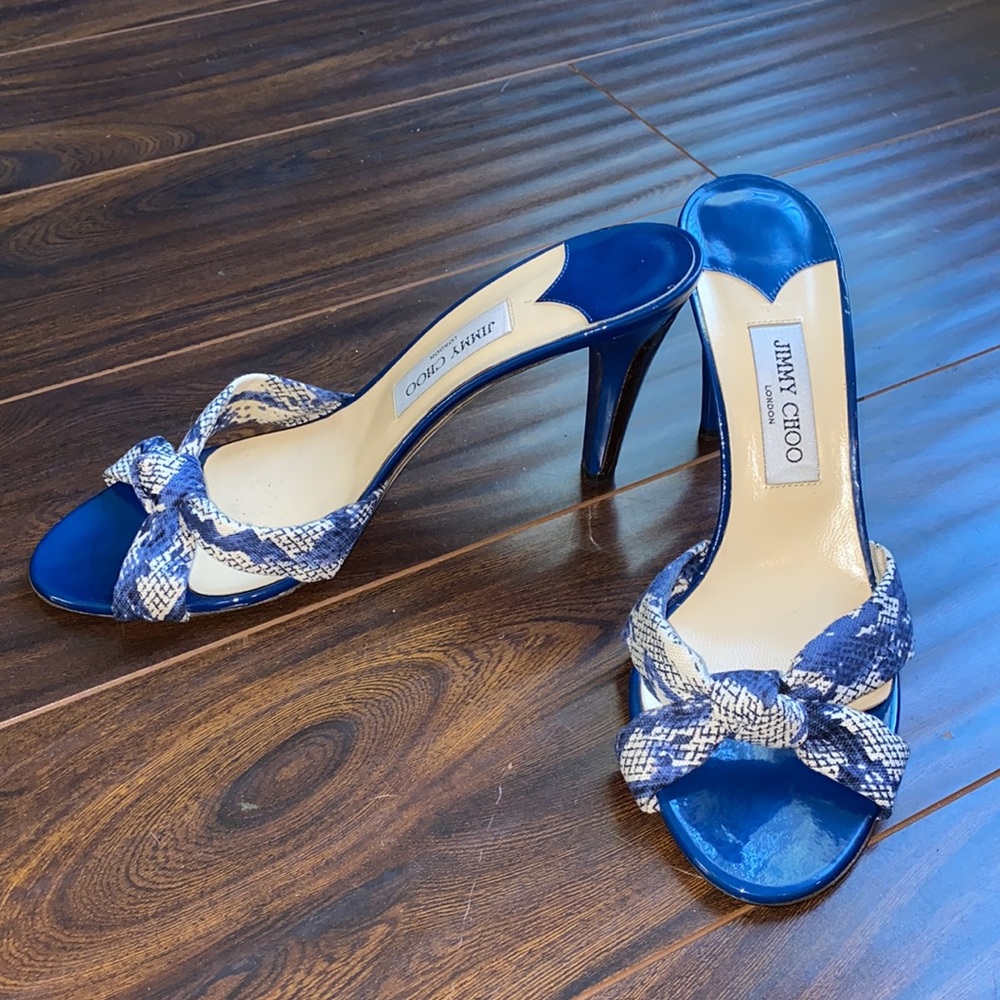 Jimmy Choo Blue and White Mules